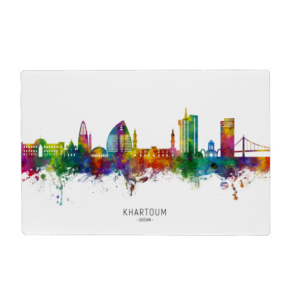 Holzbild "Khartum Sudan Skyline txt" artboxONE - Städte - Khartum,Sudan,Skyline,Stadtbild,Stadtbild,Aquarell,Malerei,Bunt