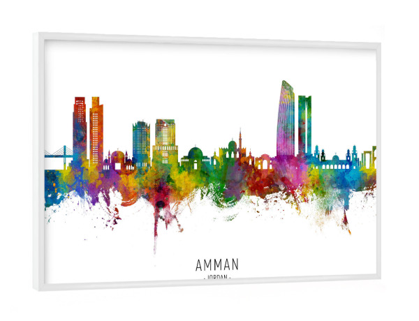 Poster mit weißem Rahmen "Skyline von Amman VAE txt" artboxONE - Städte - Amman,Jordanien,Skyline,Stadtbild,Stadtbild,Aquarell,Malerei