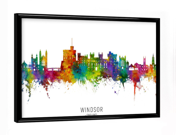 Poster mit schwarzem Rahmen "Windsor England Skyline txt" artboxONE - Städte - Windsor,England,Skyline,Stadtbild,Stadtbild,Aquarell,Malerei
