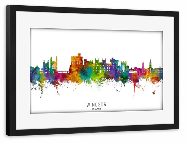 Poster mit Rahmen schwarz "Windsor England Skyline txt" artboxONE - Städte - Windsor,England,Skyline,Stadtbild,Stadtbild,Aquarell,Malerei