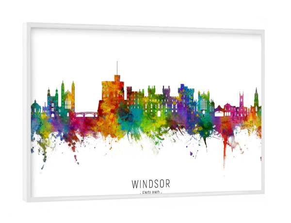 Poster mit weißem Rahmen "Windsor England Skyline txt" artboxONE - Städte - Windsor,England,Skyline,Stadtbild,Stadtbild,Aquarell,Malerei