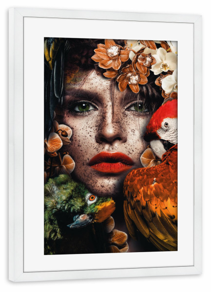 Poster mit Rahmen weiß "Papageienfrau" artboxONE - Natur,Floral,Tiere,Menschen - Frau,Gesicht der frau,Papagei frau,Papageien,Dschungel,Blumen