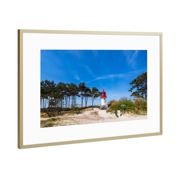 Poster mit Rahmen Gold "Sand, Bäume, Leuchtturm" artboxONE - Architektur