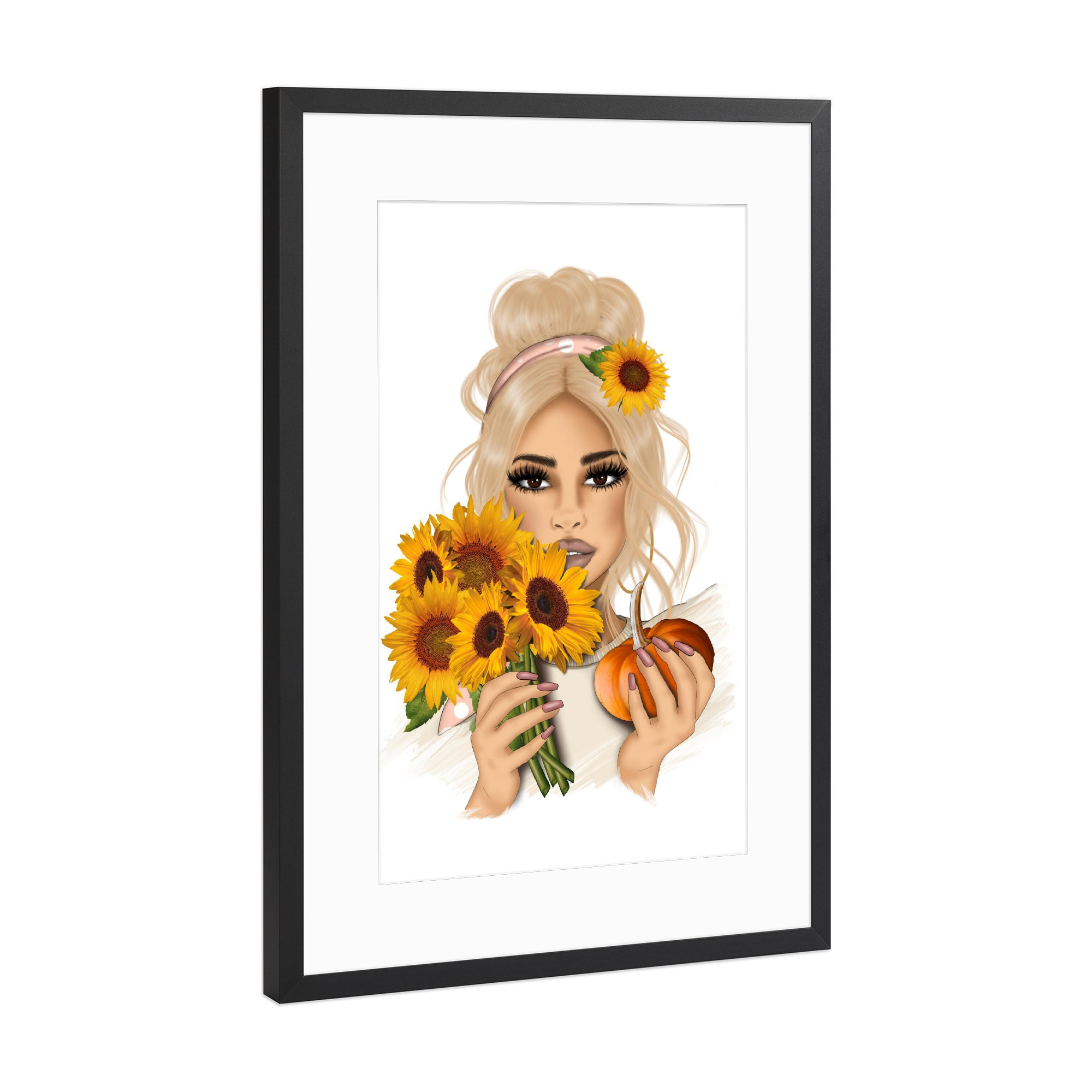 Poster mit Rahmen Schwarz (Metallic) "Blondes Sonnenblumenmädchen" artboxONE - Floral,Menschen,Essen & Trinken / Obst & Gemüse