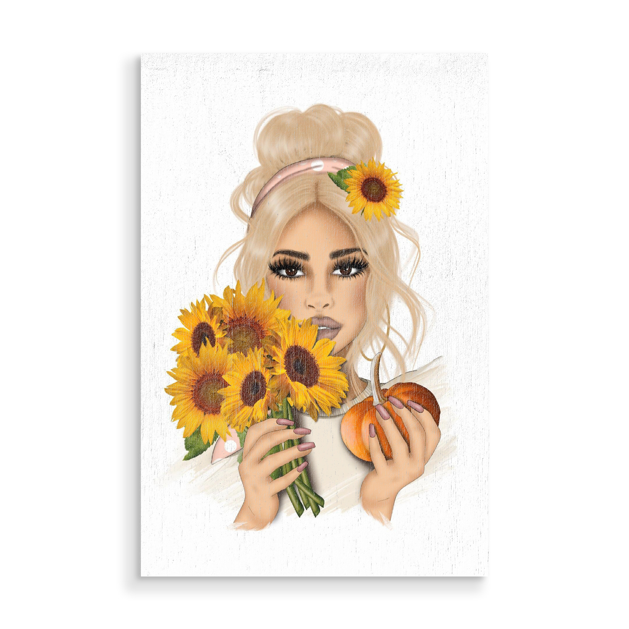 Holzbild "Blondes Sonnenblumenmädchen" artboxONE - Floral,Menschen,Essen & Trinken / Obst & Gemüse