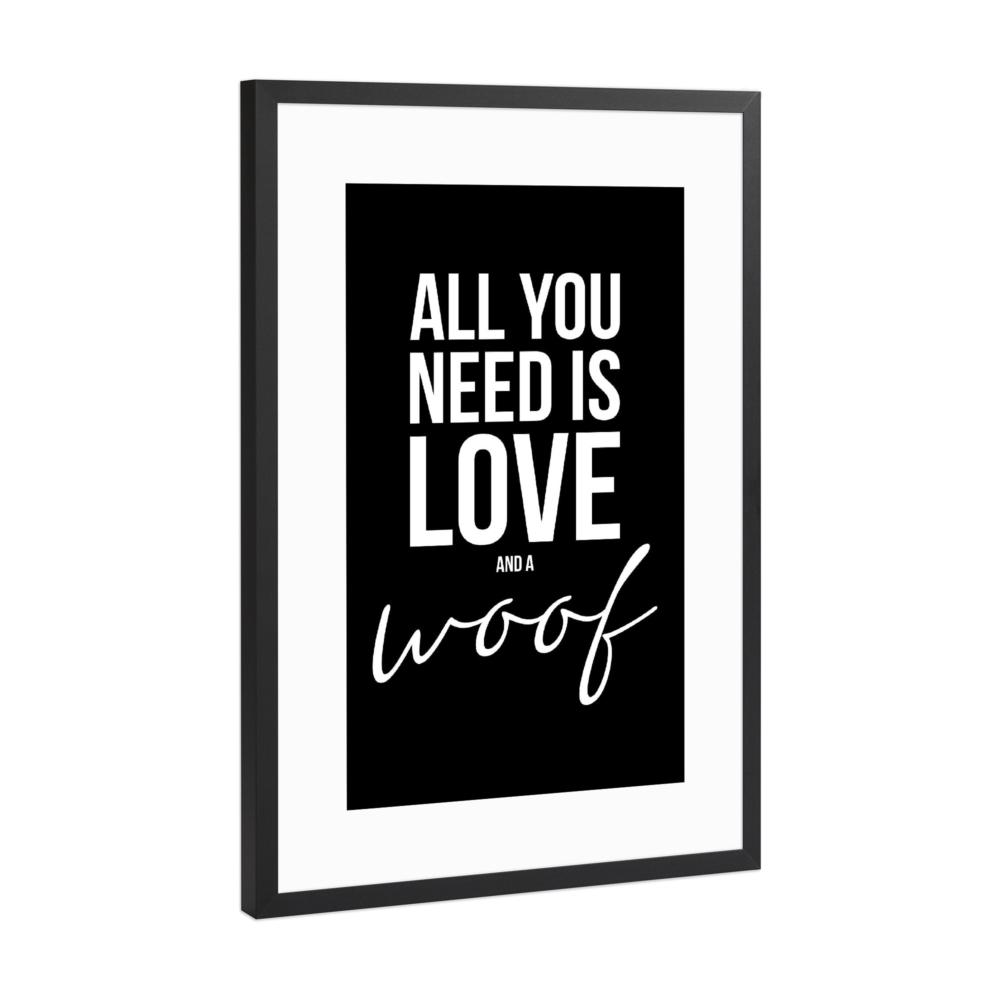 Poster mit Rahmen Schwarz (Metallic) "LOVE AND DOGS (Black)" artboxONE - Typografie,Tiere,Schwarzweiß