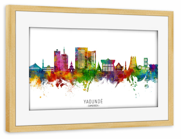 Poster mit Rahmen kiefer "Yaoundé Kamerun Skyline txt" artboxONE - Städte - Yaoundé,Kamerun,Skyline,Stadtbild,Stadtbild,Aquarell,Malerei