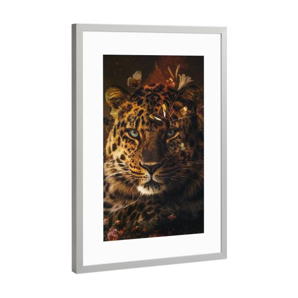 Poster mit Rahmen Silber "Weinlese-Leopard" artboxONE - Natur,Floral,Tiere - Leopard,Jaguar,Panther,Raubkatze,Tier,Portrait,Schmetterlinge,Blumen