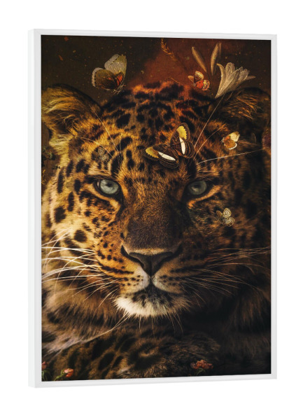 Poster mit weißem Rahmen "Weinlese-Leopard" artboxONE - Natur,Floral,Tiere - Leopard,Jaguar,Panther,Raubkatze,Tier,Portrait,Schmetterlinge,Blumen