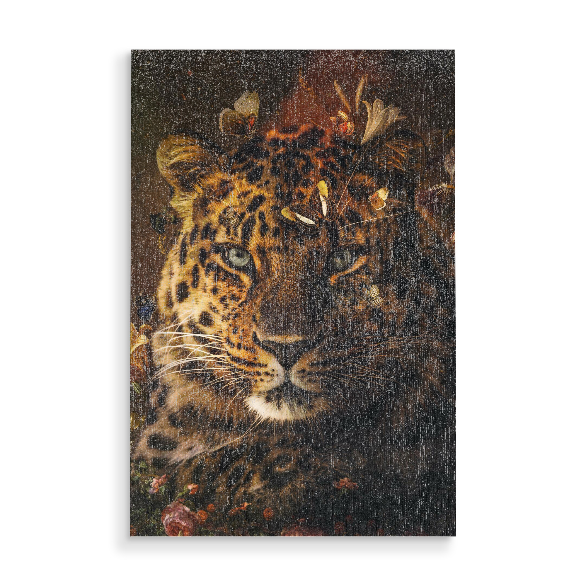 Holzbild "Weinlese-Leopard" artboxONE - Natur,Floral,Tiere - Leopard,Jaguar,Panther,Raubkatze,Tier,Portrait,Schmetterlinge,Blumen