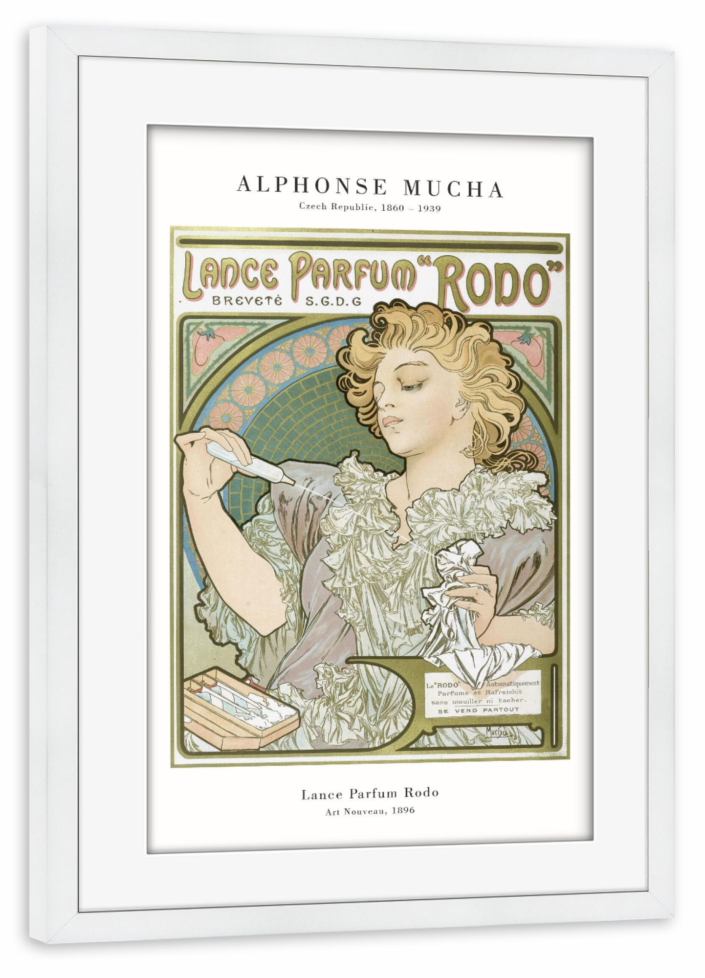 Poster mit Rahmen weiß "Mucha - Lance Parfum Rodo" artboxONE - Floral,Menschen,Für Mama