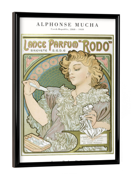 Poster mit schwarzem Rahmen "Mucha - Lance Parfum Rodo" artboxONE - Floral,Menschen,Für Mama