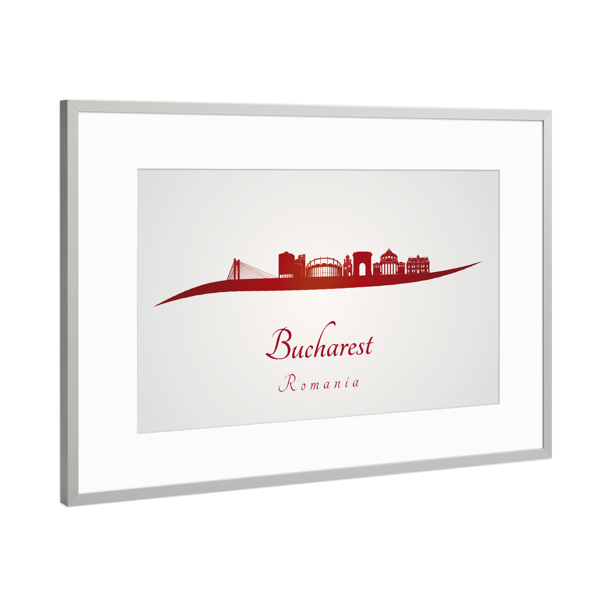 Poster mit Rahmen Silber "Bukarest-Skyline im Rot" artboxONE - Städte,Architektur