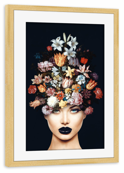 Poster mit Rahmen kiefer "Frau mit Blumenschmuck" artboxONE - Floral,Menschen - Blumen,Frau,Frauenkopf,Blumenfrau,Frauengesicht