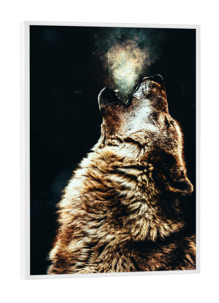 Poster mit weißem Rahmen "Heulender Wolf" artboxONE - Tiere - Wolf,Heulen,Heulen,Mond,Hund,Grauer wolf,Tier