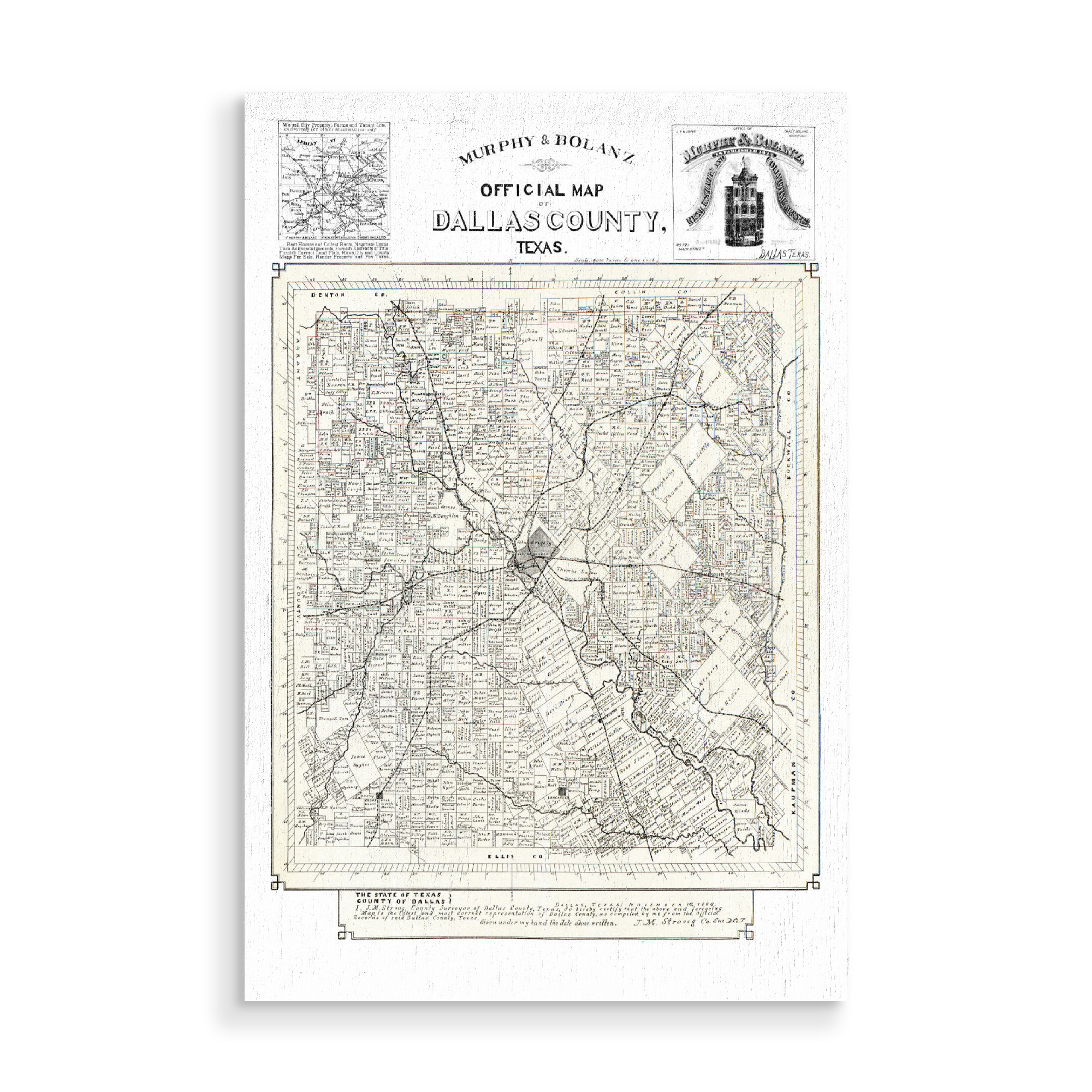 Holzbild "Alte Karte von Dallas County" artboxONE - Kartografie - Karte,Plan,Jahrgang,Antik,Retro,Alt,Karten,Karte der welt,Illustration,Dallas