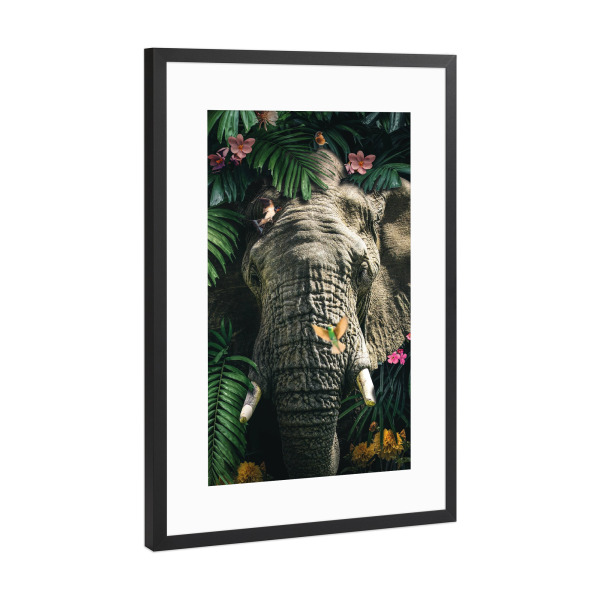 Poster mit Rahmen Schwarz (Metallic) "Dschungel-Elefant" artboxONE - Natur,Floral,Tiere - Elefant,Dschungel,Stoßzahn,Elefanten,Blätter,Blumen,Tier