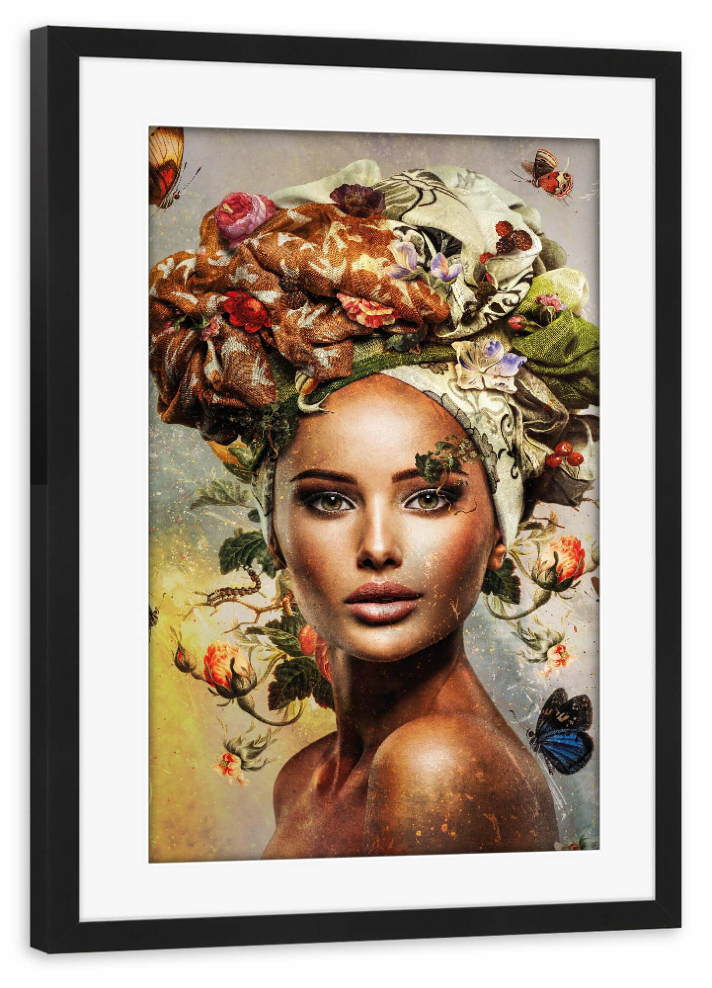 Poster mit Rahmen schwarz "Blumenfrau Mitte" artboxONE - Floral,Menschen - Blumenfrau,Frau,Frauengesicht,Frauenkopf,Blumen,Blumen,Botanisch