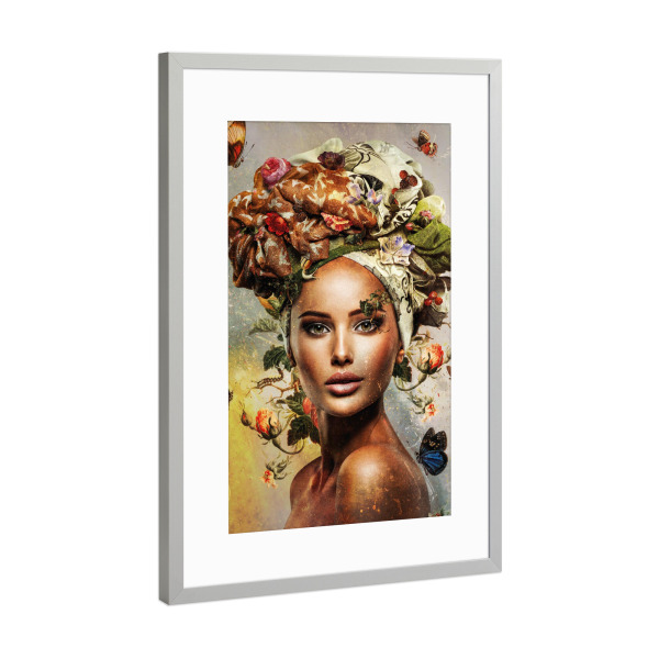 Poster mit Rahmen Silber "Blumenfrau Mitte" artboxONE - Floral,Menschen - Blumenfrau,Frau,Frauengesicht,Frauenkopf,Blumen,Blumen,Botanisch