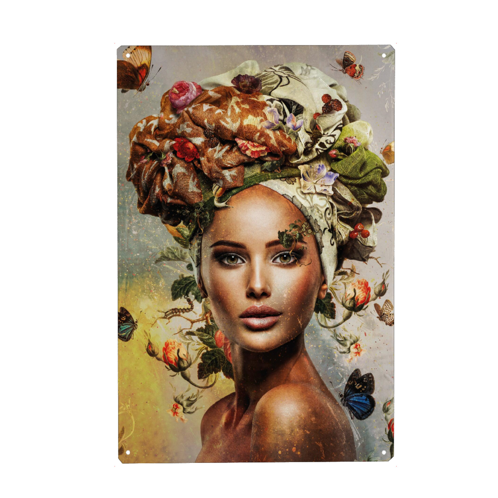 Metall Poster "Blumenfrau Mitte" artboxONE - Floral,Menschen - Blumenfrau,Frau,Frauengesicht,Frauenkopf,Blumen,Blumen,Botanisch - Blechschild
