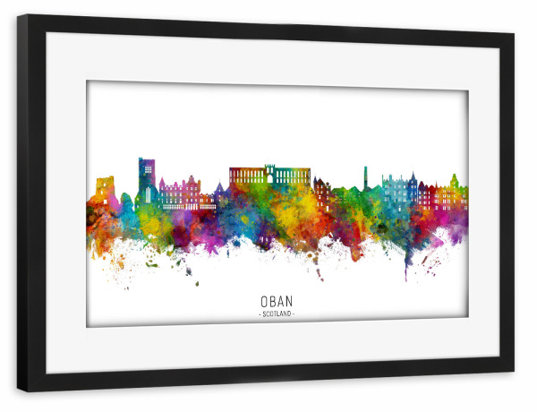 Poster mit Rahmen schwarz "Oban Scotland Skyline txt" artboxONE - Städte - Oban,Schottland,Skyline,Stadtbild,Stadtbild,Aquarell,Malerei