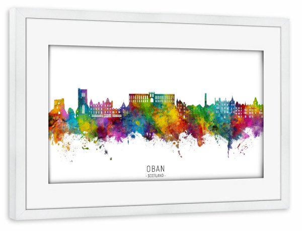 Poster mit Rahmen weiß "Oban Scotland Skyline txt" artboxONE - Städte - Oban,Schottland,Skyline,Stadtbild,Stadtbild,Aquarell,Malerei