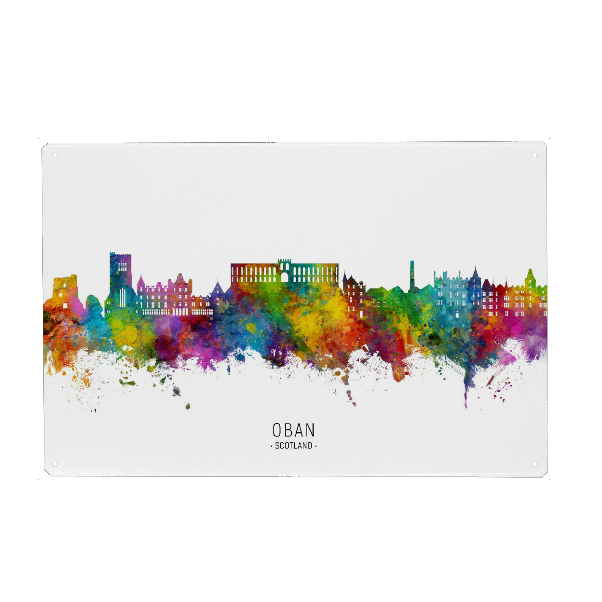Metall Poster "Oban Scotland Skyline txt" artboxONE - Städte - Oban,Schottland,Skyline,Stadtbild,Stadtbild,Aquarell,Malerei - Blechschild