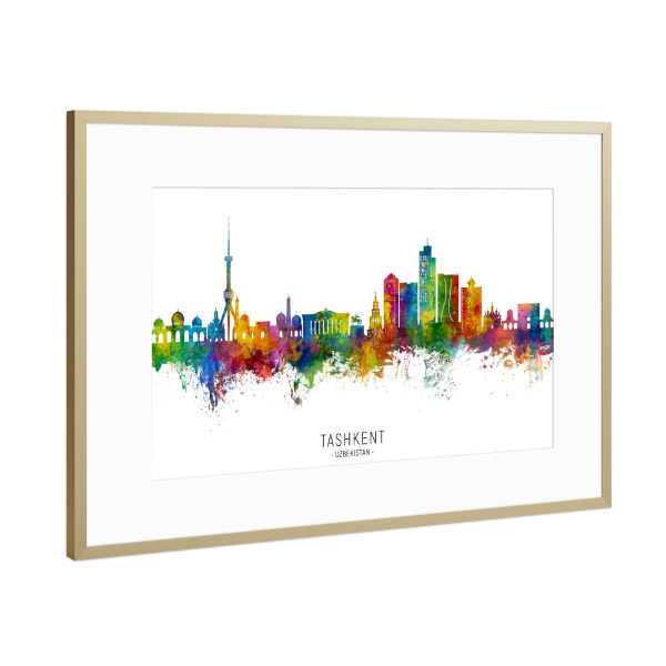 Poster mit Rahmen Gold "Taschkent Usbekistan Skyline txt" artboxONE - Städte - Taschkent,Usbekistan,Skyline,Stadtbild,Stadtbild,Aquarell,Malerei