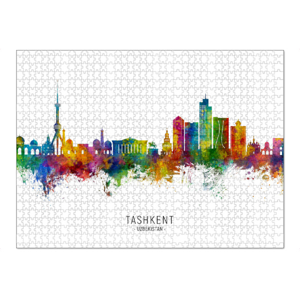 Puzzle Ravensburger "Taschkent Usbekistan Skyline txt" artboxONE - Städte - Taschkent,Usbekistan,Skyline,Stadtbild,Stadtbild,Aquarell,Malerei