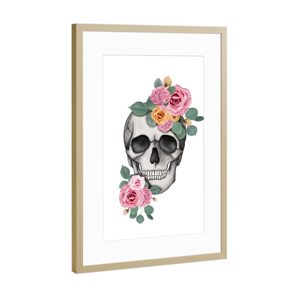 Poster mit Rahmen Gold "Schädel rosa Blumen" artboxONE - Floral,Abstrakt,Festivals,Halloween