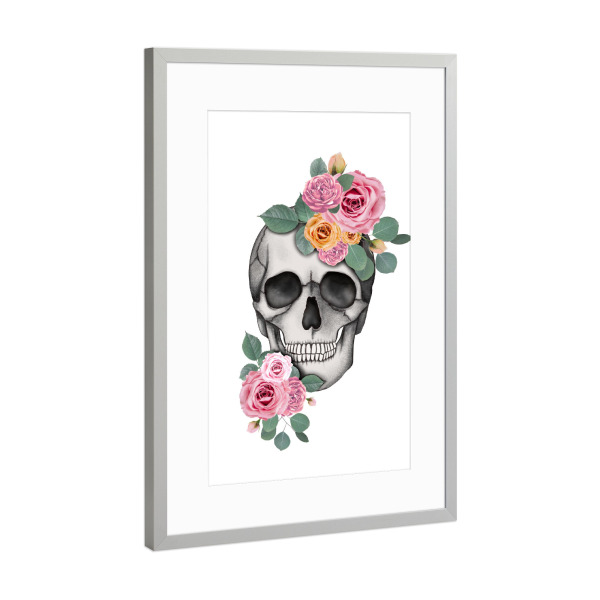 Poster mit Rahmen Silber "Schädel rosa Blumen" artboxONE - Floral,Abstrakt,Festivals,Halloween