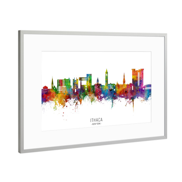 Poster mit Rahmen Silber "Ithaka New York Skyline txt" artboxONE - Städte - Ithaca,New york,Skyline,Stadtbild,Stadtbild,Aquarell,Malerei