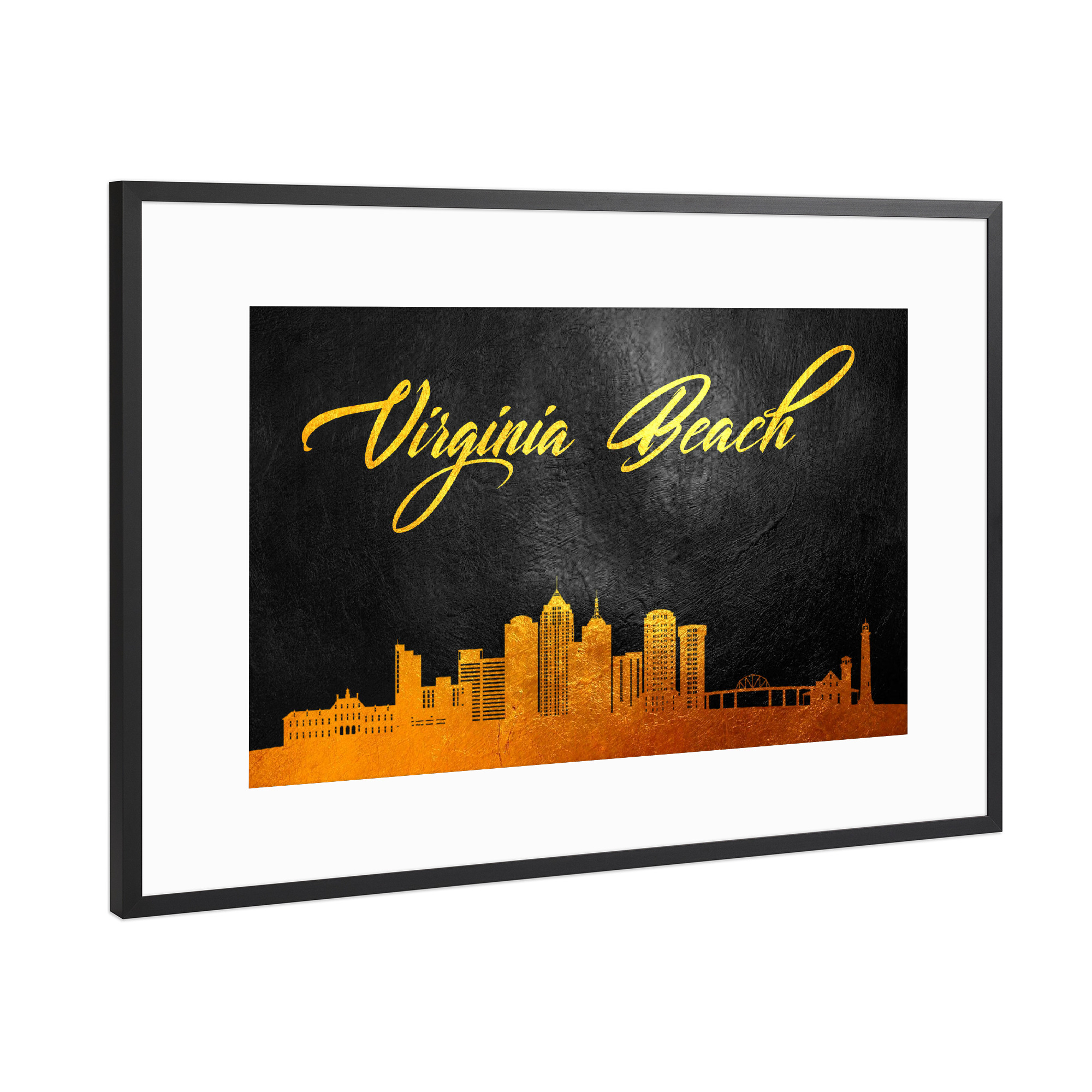 Poster mit Rahmen Schwarz (Metallic) "Virginia Beach Gold-Skyline" artboxONE - Städte - Virginia strand,Gold,Skyline