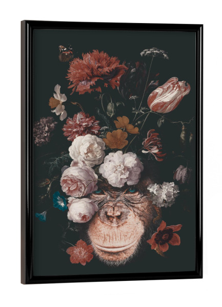 Poster mit schwarzem Rahmen "Floraler Schimpanse" artboxONE - Natur,Floral,Tiere - Affe,Schimpanse,Schimpanse,Blumen,Blumenstrauß,Blumenstrauß,Tier