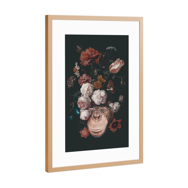 Poster mit Rahmen Kupfer "Floraler Schimpanse" artboxONE - Natur,Floral,Tiere - Affe,Schimpanse,Schimpanse,Blumen,Blumenstrauß,Blumenstrauß,Tier