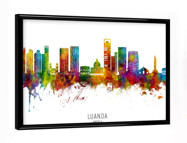 Poster mit schwarzem Rahmen "Luanda Angola Skyline txt" artboxONE - Städte - Luanda,Angola,Skyline,Stadtbild,Stadtbild,Aquarell,Malerei