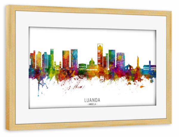 Poster mit Rahmen kiefer "Luanda Angola Skyline txt" artboxONE - Städte - Luanda,Angola,Skyline,Stadtbild,Stadtbild,Aquarell,Malerei