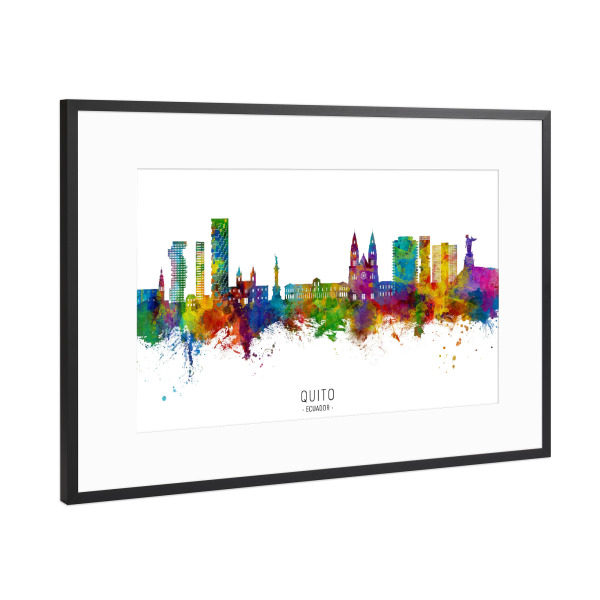 Poster mit Rahmen Schwarz (Metallic) "Quito Ecuador Skyline txt" artboxONE - Städte - Quito,Ecuador,Skyline,Stadtbild,Stadtbild,Aquarell,Malerei