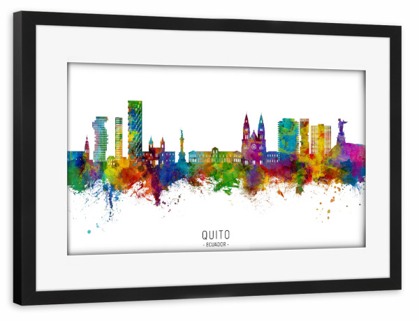 Poster mit Rahmen schwarz "Quito Ecuador Skyline txt" artboxONE - Städte - Quito,Ecuador,Skyline,Stadtbild,Stadtbild,Aquarell,Malerei