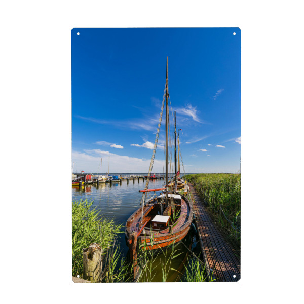 Holzbild "Schilf, Steg, Segelboot" artboxONE - Natur,Reise,Reise / Strand und Meer