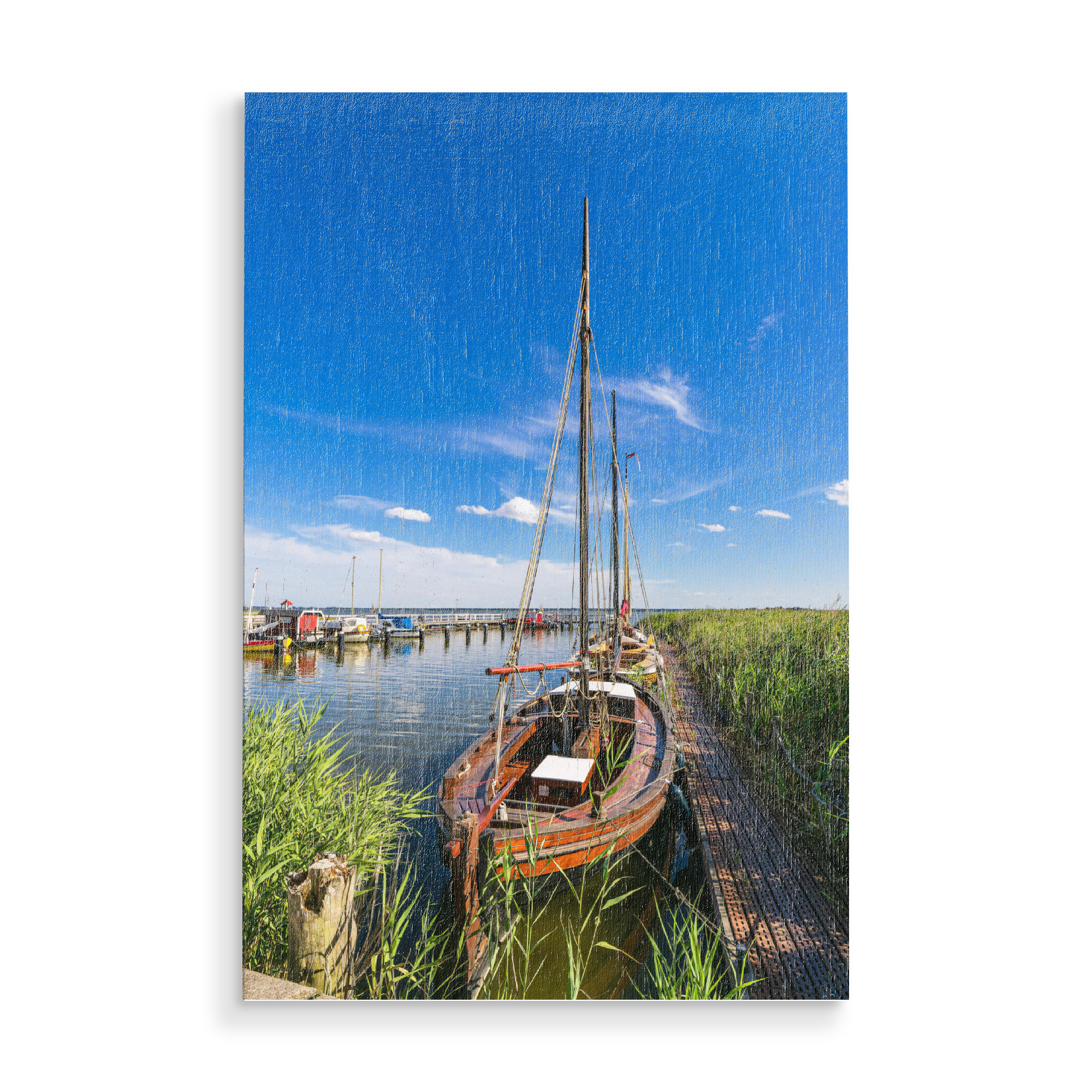 Holzbild "Schilf, Steg, Segelboot" artboxONE - Natur,Reise,Reise / Strand und Meer