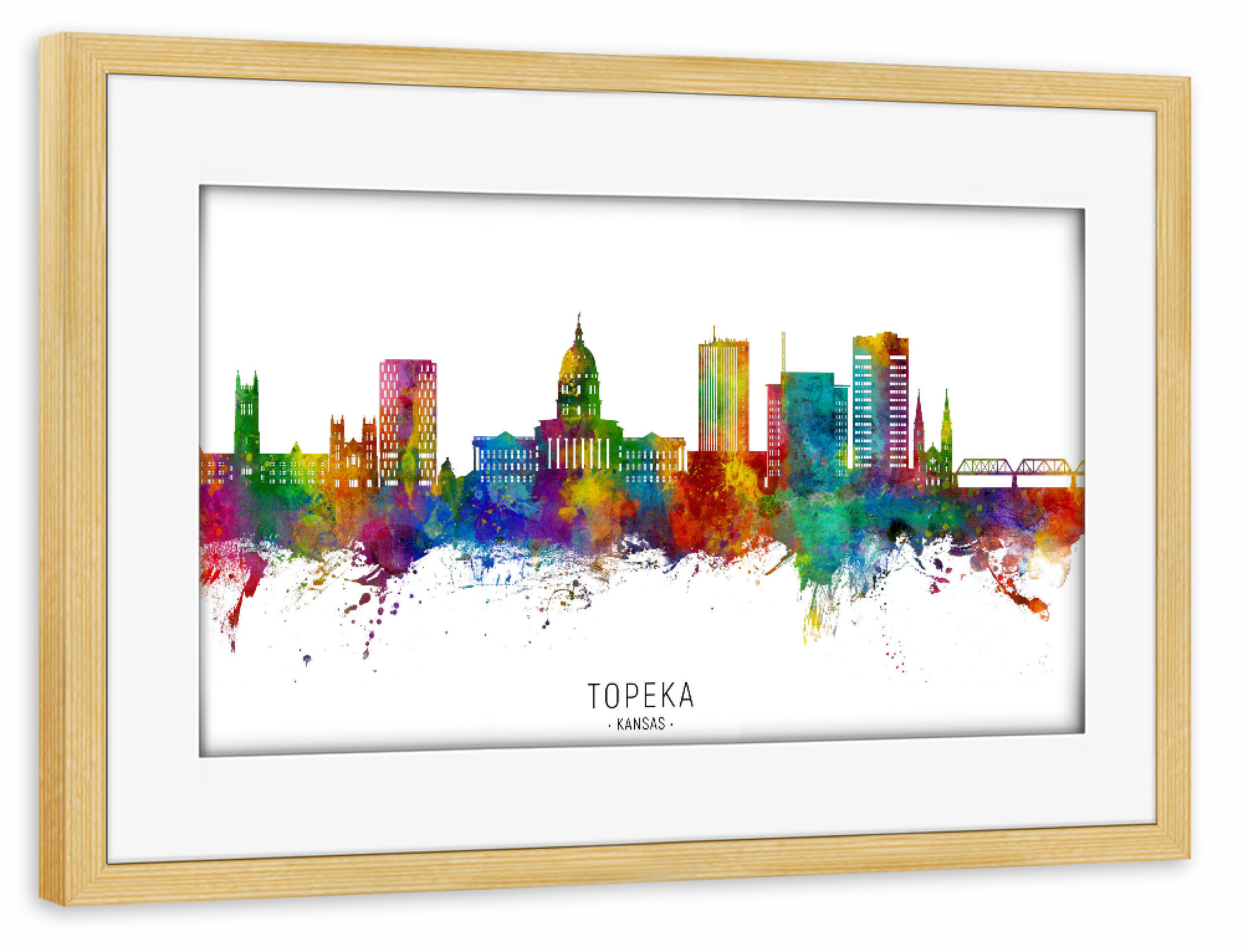 Poster mit Rahmen kiefer "Topeka Wyoming Skyline txt" artboxONE - Städte - Topeka,Kansas,Skyline,Stadtbild,Stadtbild,Aquarell,Malerei