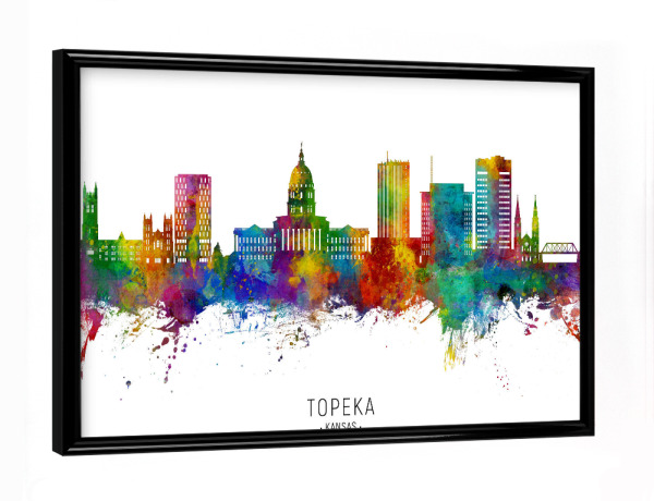 Poster mit schwarzem Rahmen "Topeka Wyoming Skyline txt" artboxONE - Städte - Topeka,Kansas,Skyline,Stadtbild,Stadtbild,Aquarell,Malerei