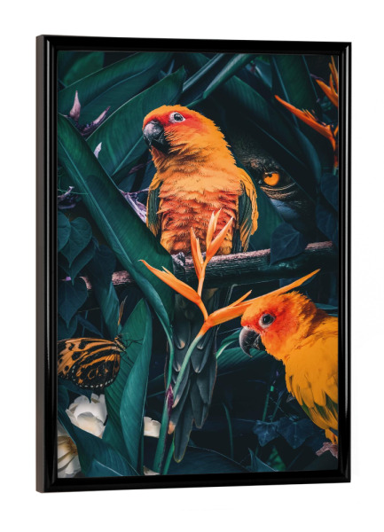 Poster mit schwarzem Rahmen "Dschungelszene" artboxONE - Natur,Floral,Tiere - Papagei,Kakadu,Dschungel,Grüne blätter,Wald