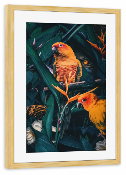 Poster mit Rahmen kiefer "Dschungelszene" artboxONE - Natur,Floral,Tiere - Papagei,Kakadu,Dschungel,Grüne blätter,Wald