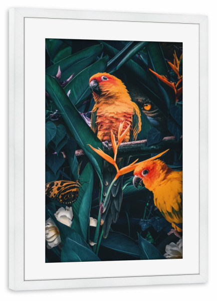 Poster mit Rahmen weiß "Dschungelszene" artboxONE - Natur,Floral,Tiere - Papagei,Kakadu,Dschungel,Grüne blätter,Wald