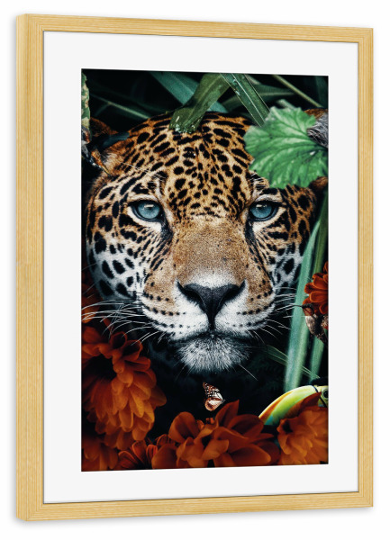 Poster mit Rahmen kiefer "Kopf des Dschungelleoparden" artboxONE - Natur,Floral,Tiere - Leopard,Jaguar,Panther,Dschungel,Blumen,Blätter