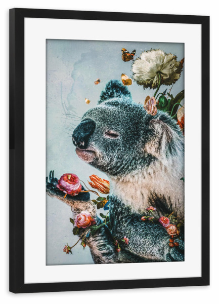 Poster mit Rahmen schwarz "Koala" artboxONE - Natur,Floral,Tiere - Koala,Koalabär,Blumen,Australien,Tier
