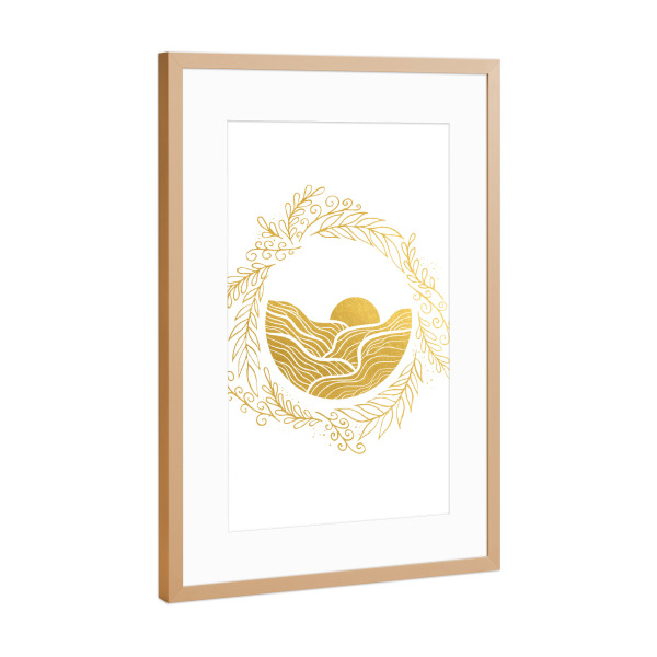Poster mit Rahmen Kupfer "Goldberge" artboxONE - Natur,Floral,Abstrakt - Gold,Golden,Folie,Goldfolie,Berge,Natur,Sonnenuntergänge,Minimal