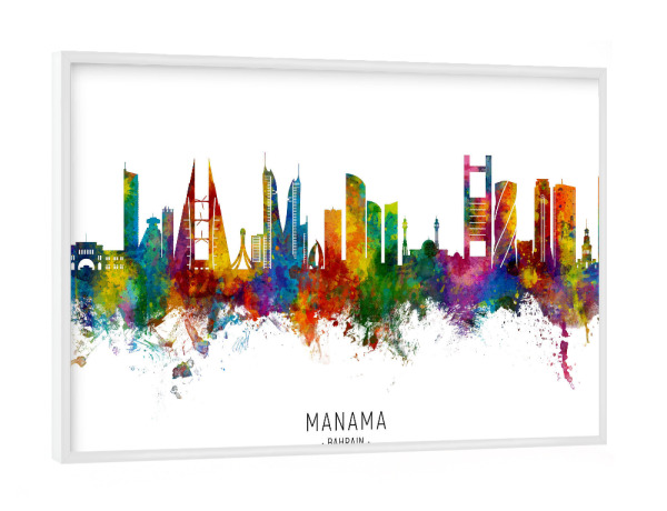Poster mit weißem Rahmen "Manama Bahrain Skyline txt" artboxONE - Städte - Manama,Bahrain,Skyline,Stadtbild,Stadtbild,Aquarell,Malerei
